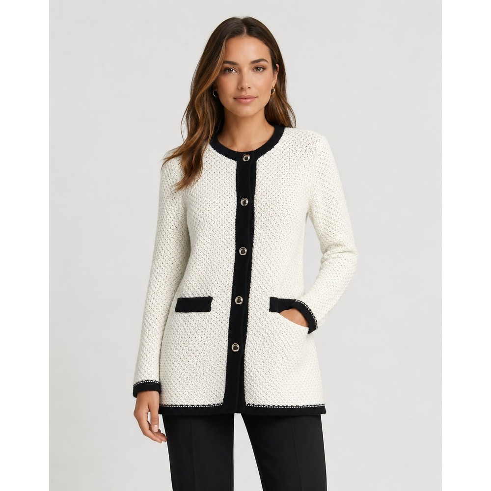 Versona Cardigan Jacket Womens Large Cream Black Contrast Trim Gold Button